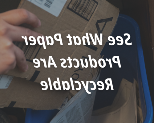 A person putting a cardboard box in a small recycling bin with a newspaper. The text says see what paper products are recyclable.